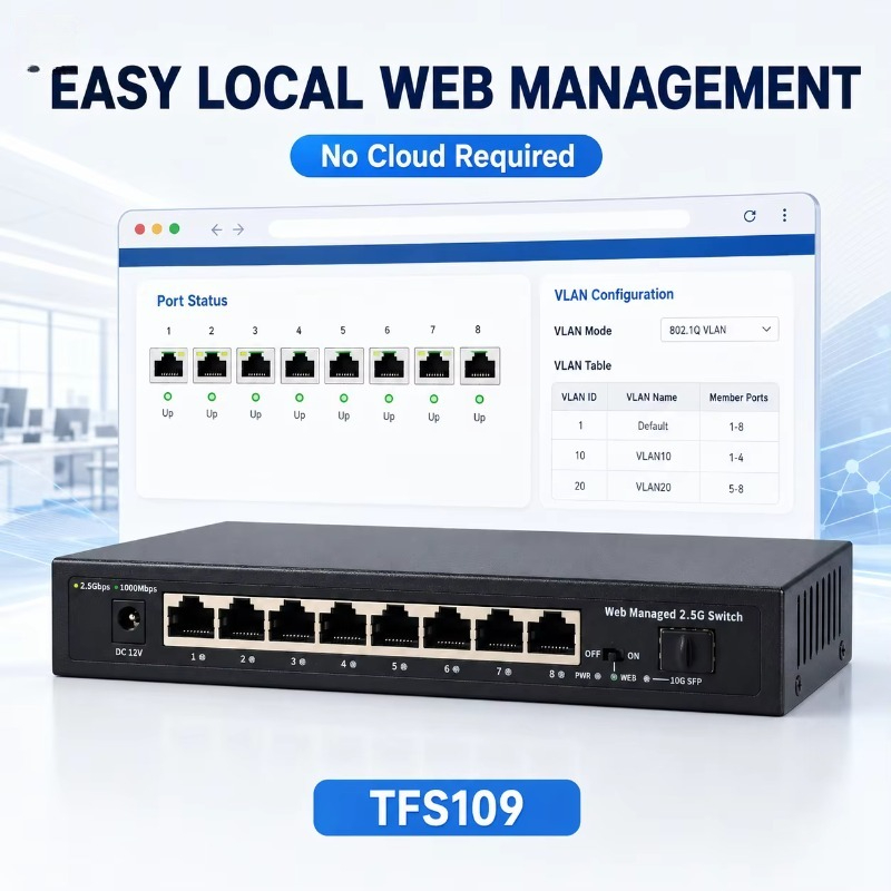 Sfp+ 10G Managed Switch 8 Port - 8ポート、2.5Gbの管理型スイッチ。1つの10G SFPアップリンクポートを搭載。Web管理対応ネットワークスイッチ。